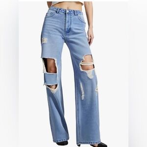 Baggy Mid-Waist Blue Distressed Wide-Leg Jeans